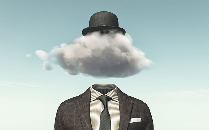 Business	man with a cloud instead of head - creative idea concept. 3D render illustration