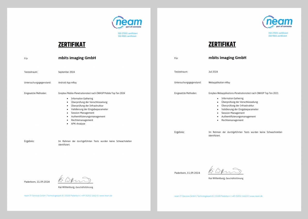 die Zertifikate des Pen-Tests für mRay.